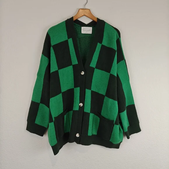 Panache Apparel Girl Crush Oversized Cardigan In Green Checkered Size LG - Picture 7 of 16